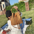 Casual handwoven bucket bag drawstring shoulder bag tote hanbag purse with bamboo handle